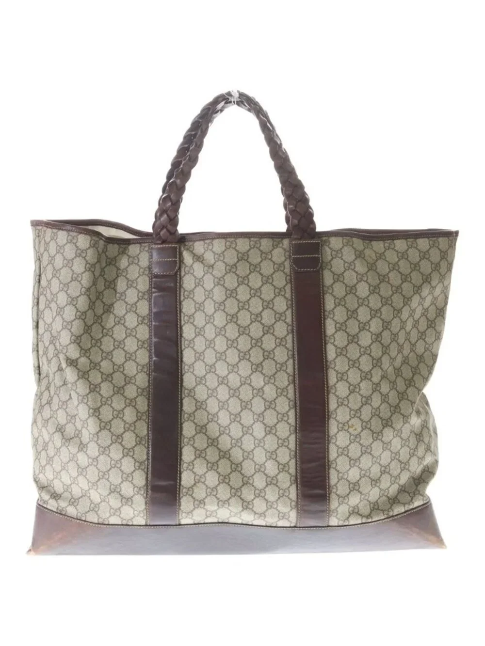 Gucci GG Supreme Logo Patch Leather Hand Tote Bag Brown Beige